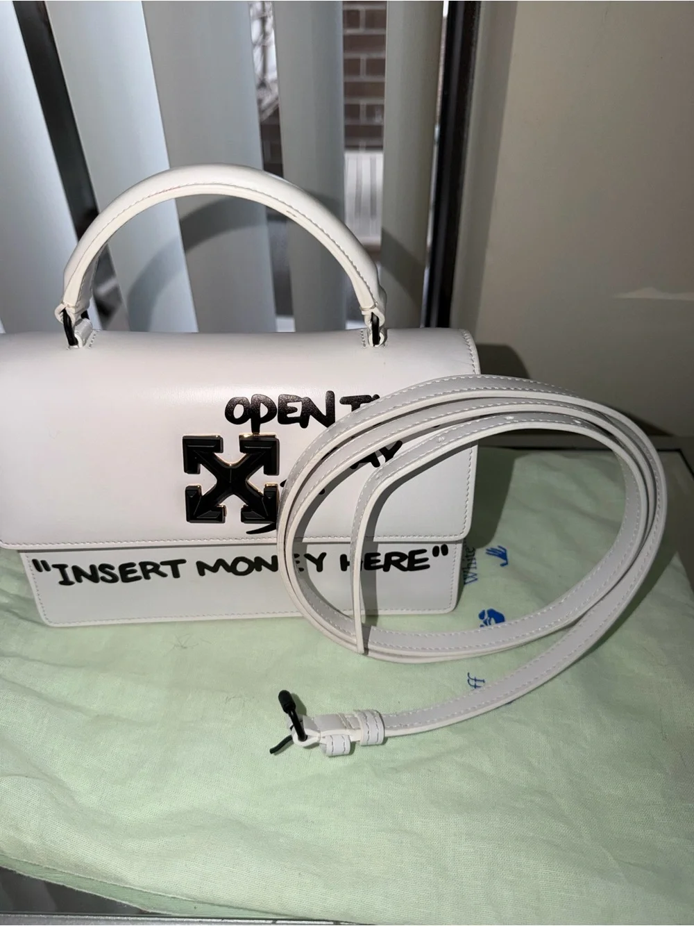 Off-White Jitney 1.4 Cash Inside White Leather Top Handle Crossbody Bag